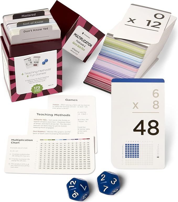 Think Tank Scholar 173 Multiplication Flash Cards + 2 Math Dice (Award Winning) All Facts 0-12 Answer on Back, for Kids in 2ND, 3RD, 4TH, 5TH, 6TH Grade Class or Homeschool - Games & Chart
