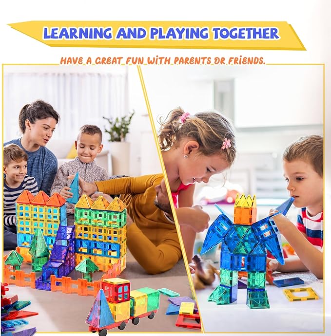 Magnetic Tiles - 104 Pieces Magnetic Blocks for Kids, Magnet Tiles Building Blocks Set with 2 Cars, Construction STEM Toys Gift for Kids Boys 3 4 5 6 7 8 9+ Year Old