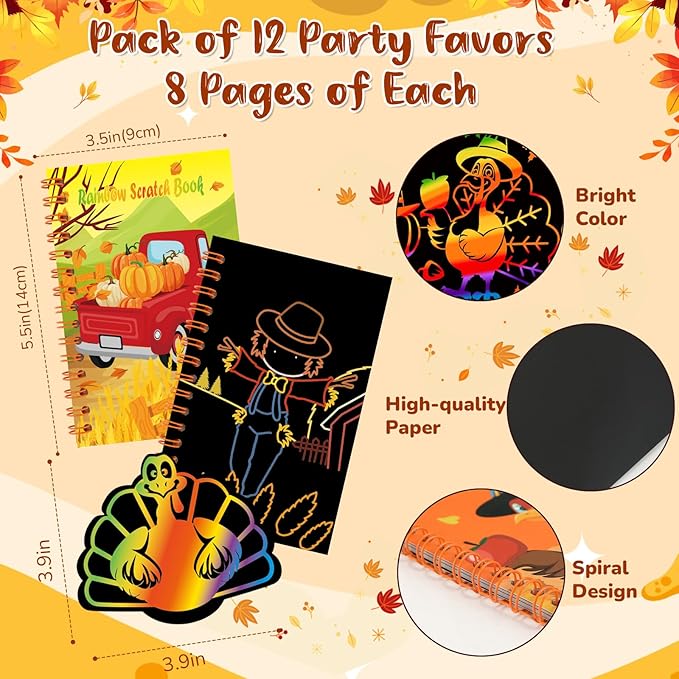 12 Pack Thanksgiving Scratch Art Party Favors for Kids - Rainbow Scratch Paper with Fall Party Scratch Off Cards Easter Birthday Goodie Bags Stuffers - Return Gifts DIY Classroom Prize