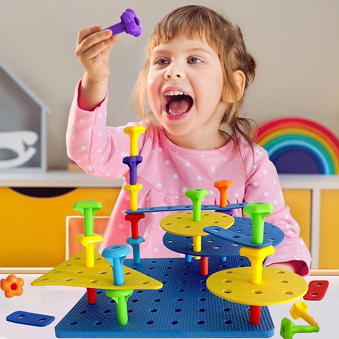 Counting Peg Board for Kids - Toddler Stacking Toys - 65 Pcs DIY Building Set Large Foam Board & Occupational Therapy Toys, Color Sorting & Lacing Toy , Montessori Tools, Peg Puzzles for Toddlers 1-3