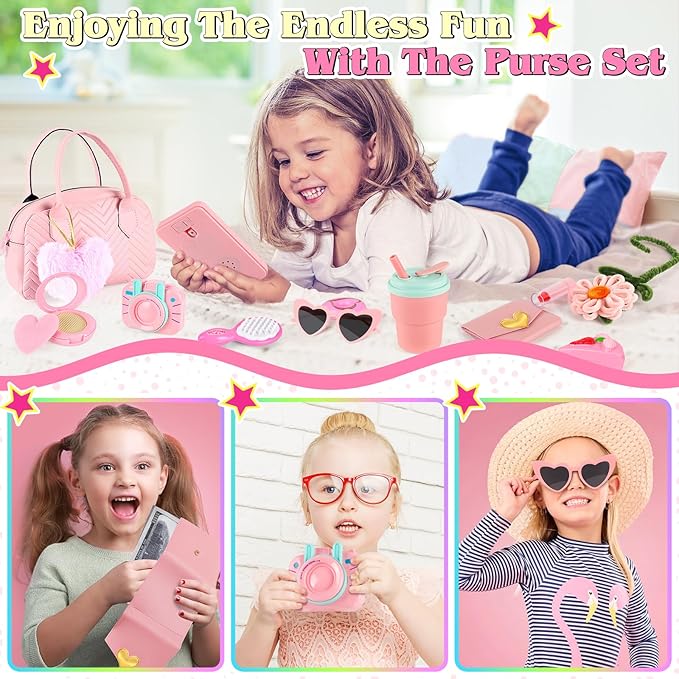 Play Purse for Little Girls Toddler, 35PCS Toddler Purse with Pretend Makeup for Kids, Girl Toys Princess Toy Includes Handbag, Phone, Kids Toy Purse Christmas Birthday Gift for Girls 3 4 5 6 7 8+