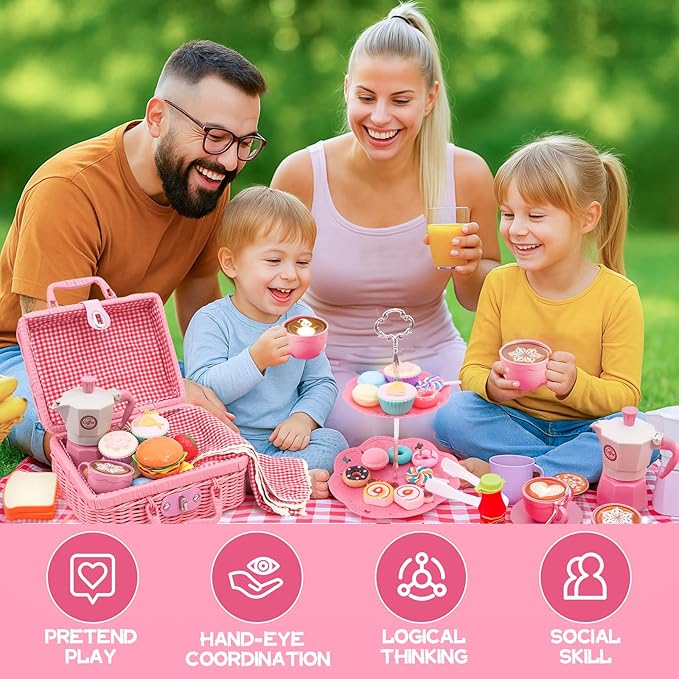 Pink Pretend Afternoon Tea Party Set with Storage Basket, Play Food & Accessories for Girls, Tea Party Set for Toddlers Indoor Outdoor Pretend Play, Kids Picnic Basket Toy Gift for Ages 3-8