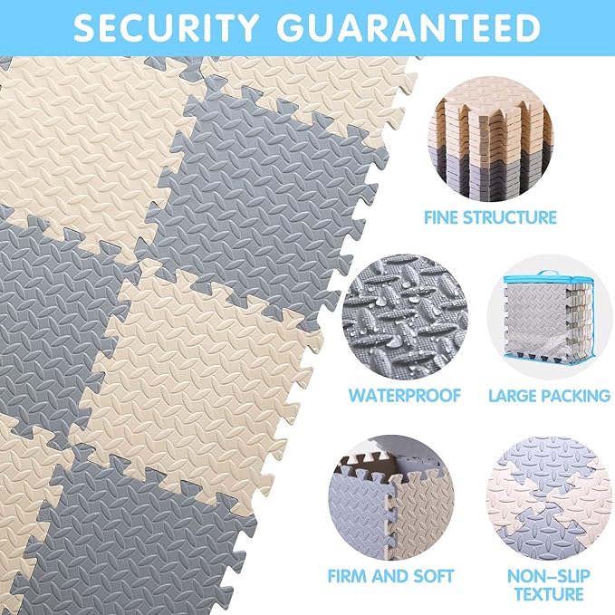 16 Tiles Foam Play Mat for Baby, Soft & Safe EVA Foam Mats for Floor, Square Baby Play Mat, Solid Colored Kids Foam Puzzle Floor Mat, 47x47 Play Mat for Playpen(Beige/Gray)