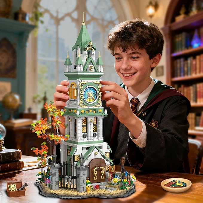 Magic Clock Tower Building Set with Light, 1566 PCS Big Medieval Castle House Construction Model with Owl & Garden, Home Decor Building Block Kit, for Adults Teens Boys Girls 12+