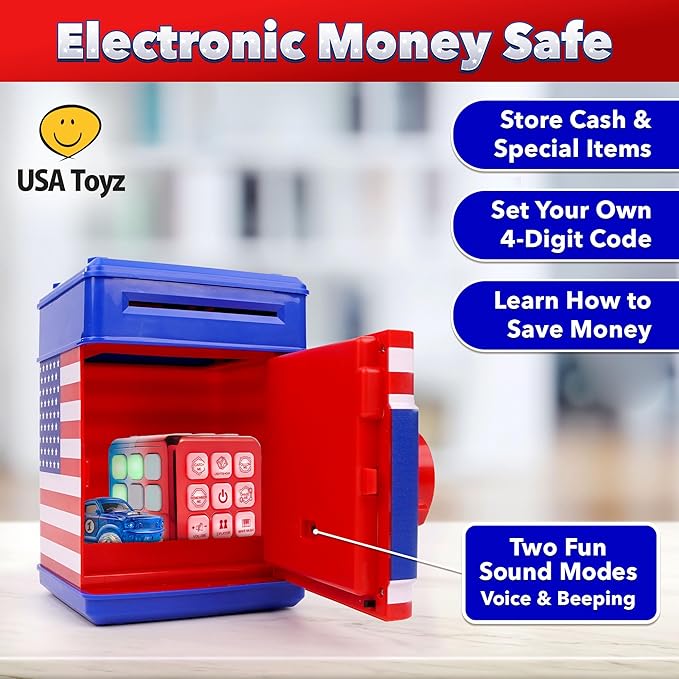 USA Toyz All-American Electronic Piggy Bank for Kids - ATM Kids Money Safe, Coin Bank Savings Box with Auto Bill Feeder Coin Slot, LED Lights, 4-Digit Password, Voice/Beep Modes, Ages 3+