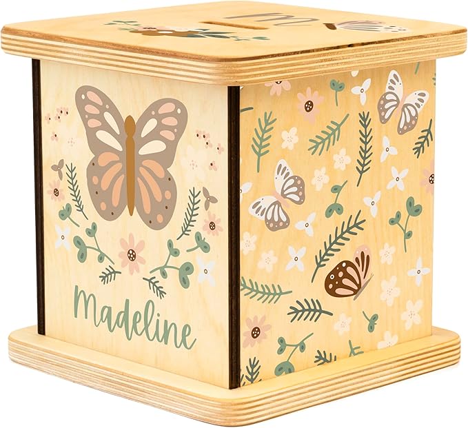 Wooden Piggy Bank for Kids and Adults, Personalized Gift Handmade in USA by BloomOwl, Custom Piggy Bank, Personalized Banks for Kids, Gifts for Baby Boys and Girls (Butterfly)