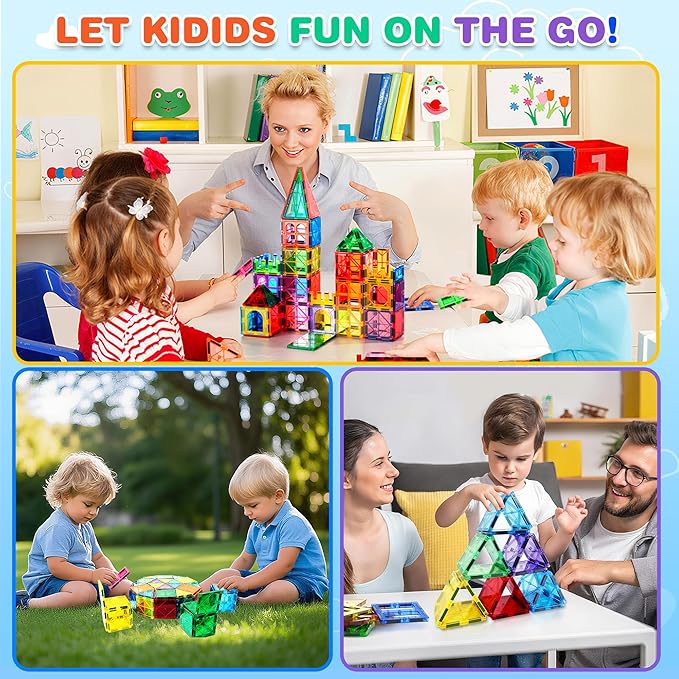 Magnetic Tiles, 135PCS Magnetic Building Blocks with 2 Cars, Large Magnet Building Set,STEM Sensory Educational Toys Gift for Toddlers Kids Boys Girls.