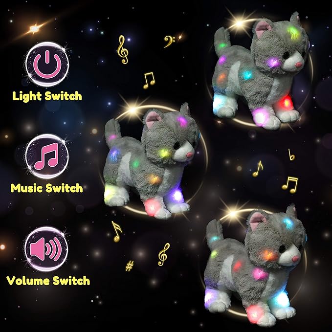 Hopearl LED Musical Stuffed Kitty Light up Singing Plush Cat Adjustable Volume Lullaby Animated Soothe Birthday Gifts for Kids Toddler Girls, Grey, 13.5''