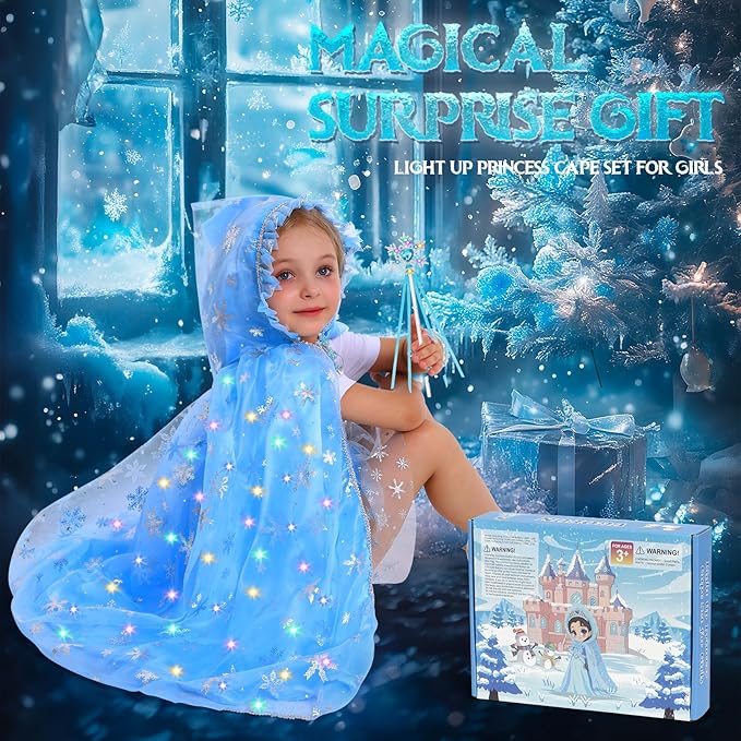 VGOFUN Princess Dress Up for Girls,10 PCS Light Up Princess Cape Set Toddler Dress Up Clothes Princess Costume Toys with Light Up Tiara Wand Halloween Christmas Birthday Gift for 3,4,5,6,7,8 Years