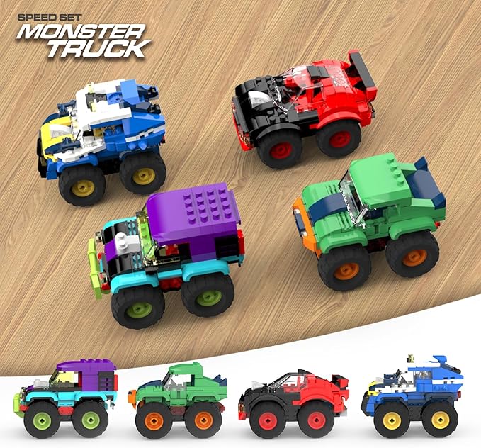 4 Pack Monster Truck Micro Brick Building Blocks Set, Pull Back Car Toy Vehicles Set, Birthday Party Favor or Gift for Teens Ages 8+ Kids