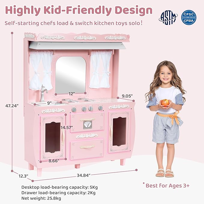 Kids Kitchen playset，Wooden Play Kitchen with Realistic Design，Kids Play Kitchen with Plenty of Play Features，Fine Gift for Ages 3+,Pink