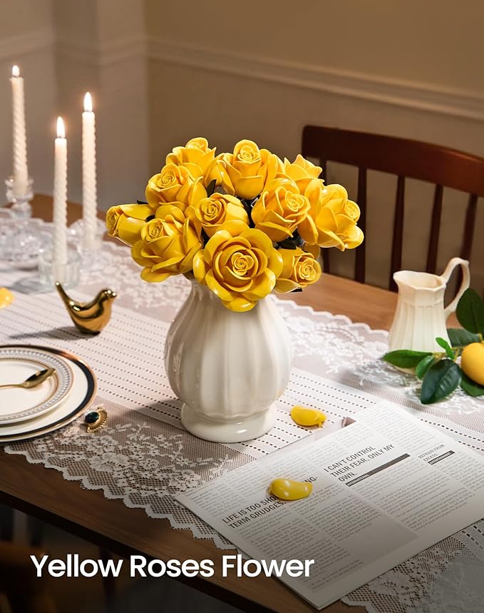 iATOM Yellow Rose Bouquet Building Set, Artificial Flowers Botanical Collection Kit for Adults, Warmming Home Office Table Centerpiece Decor - IA11019