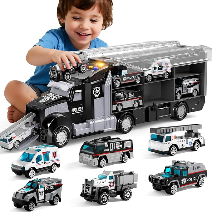 Police Trucks Toy Set with Play Mat, Carrier Truck Play Vehicles Set for 3 4 5 6 Years Old Boys Kids, Die-Cast Car Toy for Toddlers 3-4 Years, Birthday Gifts Toys for 3-9 Year Old Boys