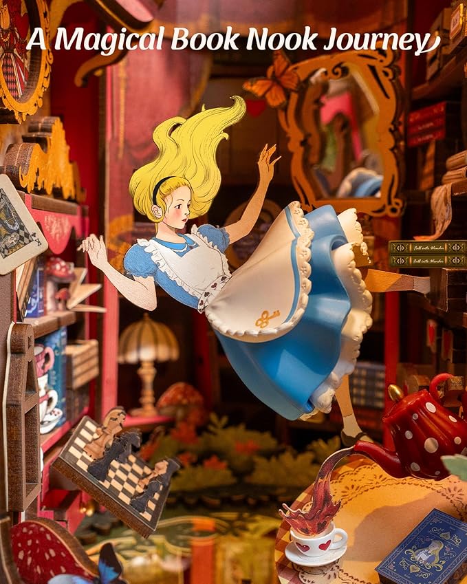 ROBOTIME Book Nook Kit, Fairy Tale Princess DIY Miniature House Kit, Fall into Wonder 3D Wooden Puzzle Bookends, Tiny House Bookshelf Decor Creative Decorative Unique Gifts for Adults & Teens