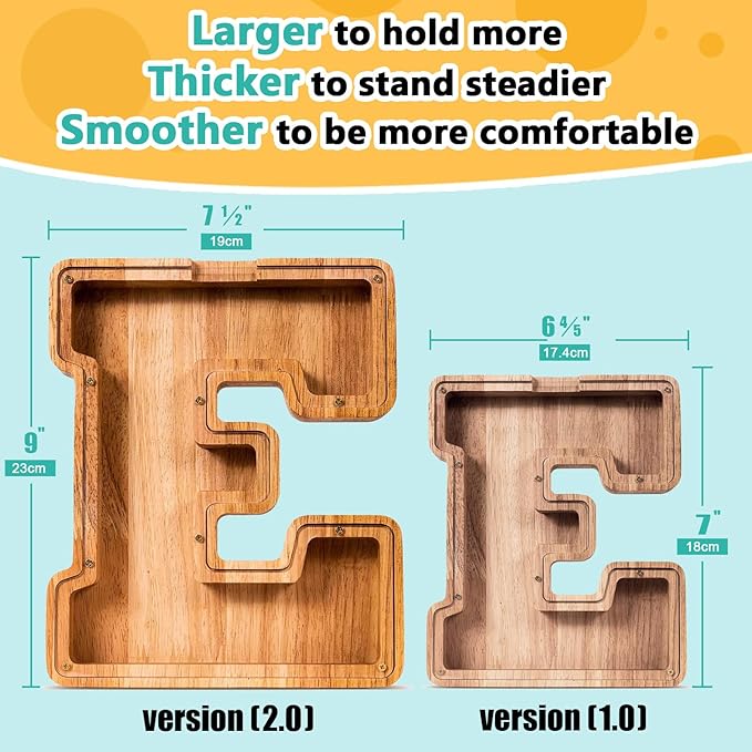 SummiDate Wooden Letter Piggy Bank for Kids| Piggy Bank for Boys Girls Toddler| Alphabet E Money Bank| Wood Coin Bank Personalized Birthday Easter Gift for Kids (E)