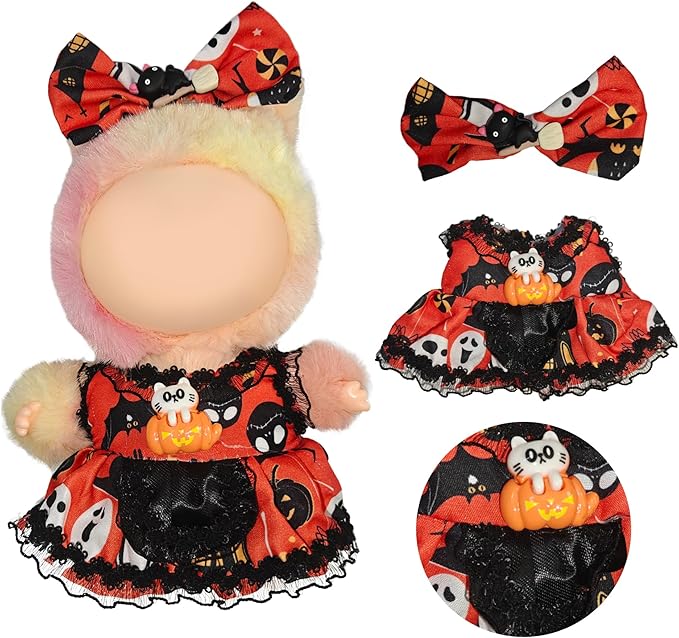Halloween Doll Clothes for Labubu, Dolls Outfit Set for 17cm (6-6.7 inch) Dolls - Dress Up Set for Labubu Costumes & Accessories | Gift for Any Occasions | Doll Not Included (Halloween Bow)