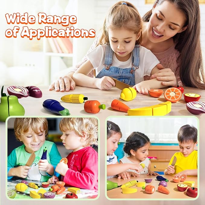 Wooden Play Food for Toddlers, Velcro Fruit and Veggies Cutting Set for Kids, Montessori Learning Toys Food, Pretend Food Play Kitchen Accessories for 3 4 5 6 Years Old Boys & Girls Gift