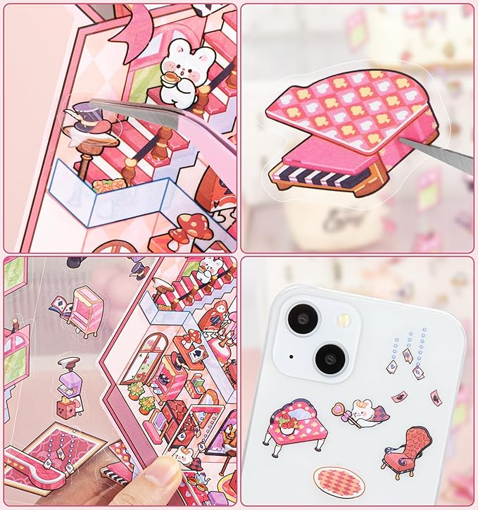 DIY 3D House Stickers, 4 Sets Fun DIY Stickers Scene Make Your Own Mini House Cute Cartoon Animal Scene Stickers for Kids Adult Sticker Art Relief Stress Pass The Time-Large Size