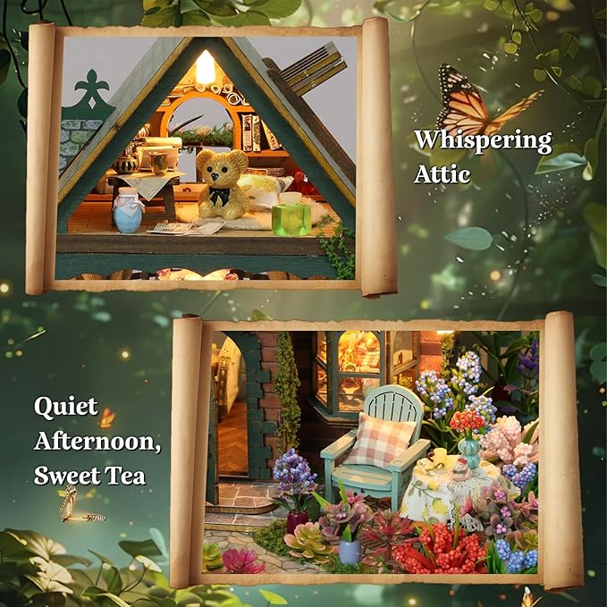 DIY Miniature House Kit, Book Nook Kit for Adult, 3D Wooden Puzzles, Dollhouse Kit with LED Light, Mini Building Kit, Craft Kit for Teen to Build (Elven Garden)