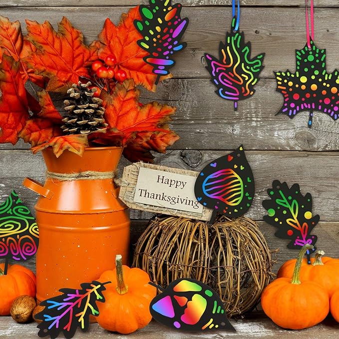 50 Pieces Scratch Fall Leaves Colorful Scratch Leaves Paper with Ribbons and Wooden Stylus for Thanksgiving Harvest Party(Black)