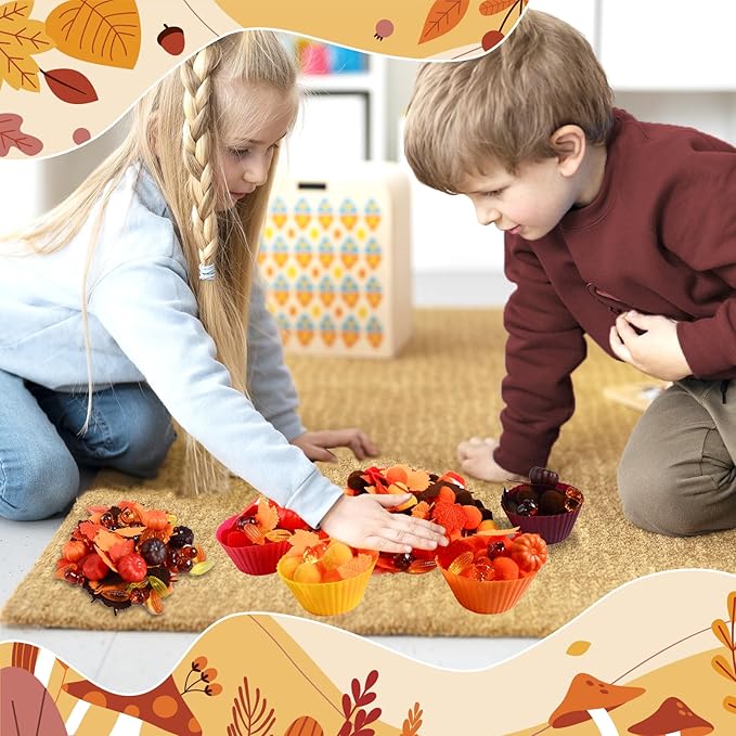 212Pcs Fall Sensory Bin Filler Fine Motor Toys Thanksgiving Sensory Bin Items Counting Sorting Toy 100 Pompoms 60 Felt Leaves 16 Acorns 16 Corns 6 Foam Pumkins for Preschool Education Activities