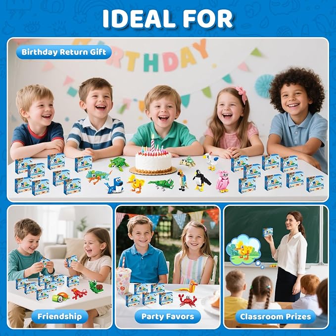 24 Packs Party Favors for Kids – 779 PCS 6-in-1 & 12-in-1 Animal Building Blocks Set with Animal Cards – Goodie Bag Fillers, Classroom Prizes, Birthday & Christmas Gifts for Kids Ages 6-12