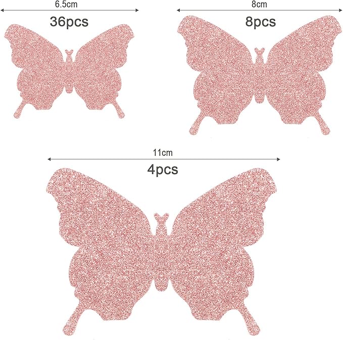 BBTO 48 Pieces Butterfly Wall Decor DIY Mirror 3D Butterfly Stickers Removable Decals for Home Bedroom School Bathroom Living Room Decor(Glitter Pink)