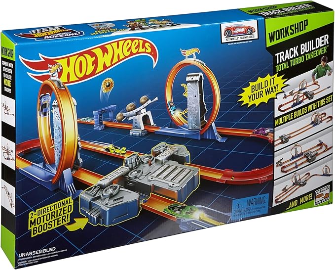 Hot Wheels Toy Car Track Set, Track Builder Playset Total Turbo Takeover with 1:64 Scale Vehicle, Motorized Booster & Multiple Configurations