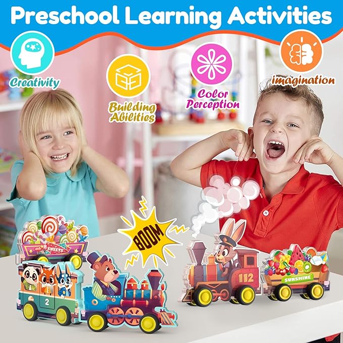 Oriate Rolling Magnet Train Set for Magnetic Tiles, 5pcs Magnet Tiles Toy Train for Road Magnetic Tiles, Free Wheel Animal Vehicles for City Magnetic, Kids Christmas Town Magnetic Tile Accessory