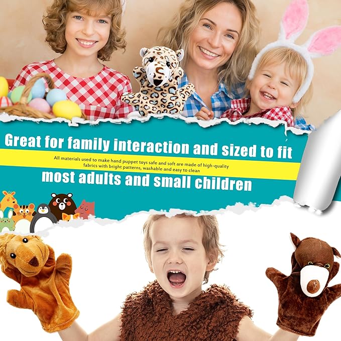 15 Pack Safari Animal Hand Puppet Zoo Plush Animal Hand Puppets Elephant Giraffe Bear Monkey Zebra Stuffed Puppet Toys for Kids Adult Show Theater Telling Story Teaching Role Play