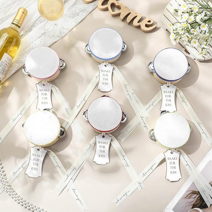 24 Set 4 Inch Tambourine for Adults Wooden Hand Held Drum with Metal Jingles, Gift Tags, White I Love You Printed Ribbon Percussion Gift Musical Instrument for Church Wedding Party(Colorful)