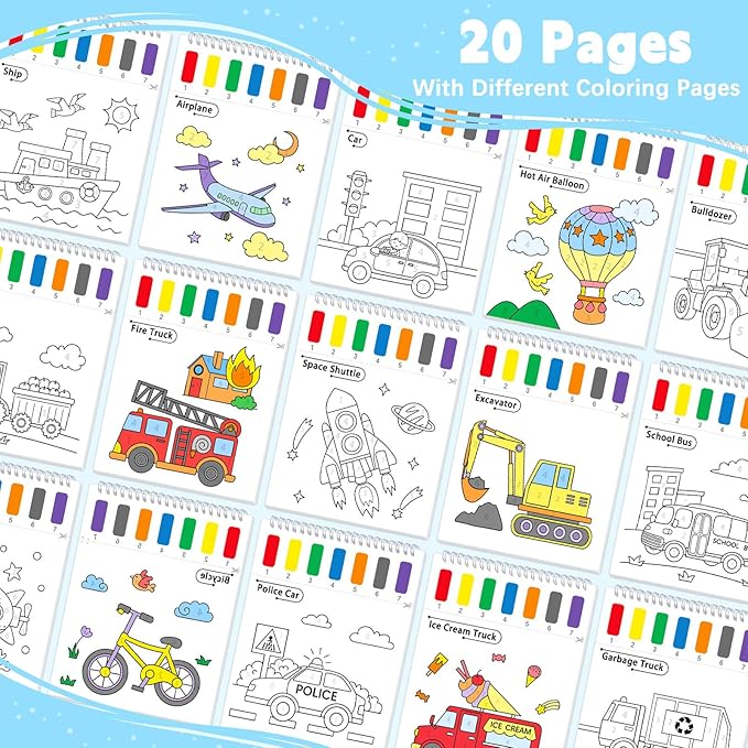 Paint with Water Coloring Books for Toddlers, Traffic Theme Mess Free Watercolor Painting Papers for Kids Water Color Paint Kit Art Craft Birthday Gift for Ages 1-3, 4-8