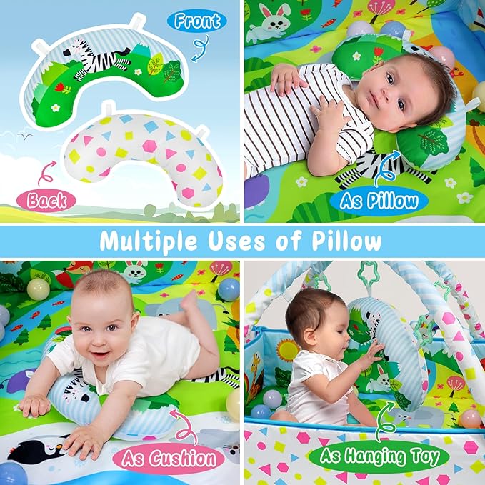 Dr.Rapeti Baby Play Gym Mat Animal Planet with Ball Pit Activity Gym Center Tummy Time Mat Thickened Mat Sensory Exploration Motor Skill Development for Newborn Infant Baby Toddler for 0+