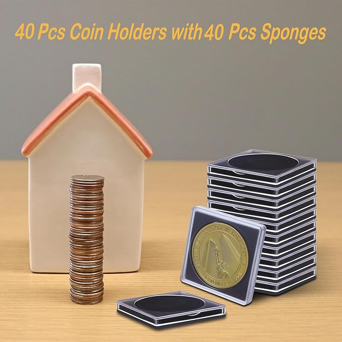 40 Pcs Clear Coin Collection Holders with Sponges 43mm Coin Capsules Morgan Silver Dollar Coin Snap Holder Protectors for Collectors (8 Adjustable Diameters: 19/21.5/24.5/27/31/33/38/40mm) (40)