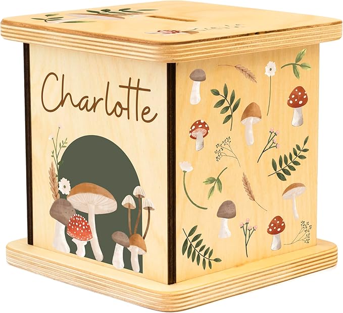 Wooden Piggy Bank for Kids and Adults, Personalized Gift Handmade in USA by BloomOwl, Custom Piggy Bank, Personalized Banks for Kids, Gifts for Baby Boys and Girls (Mushroom)