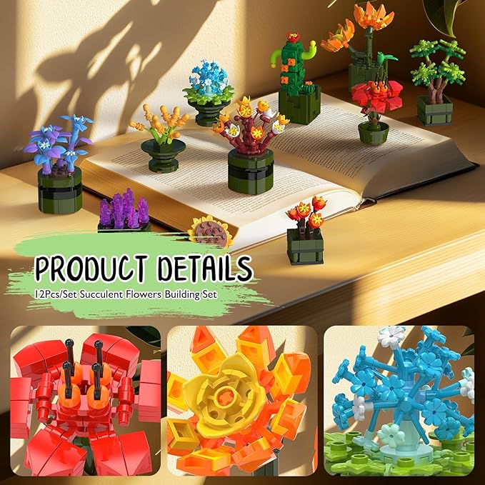 NUTCRACKER 12Pcs/Set Succulent Flower Building Set, Flower Bonsai Botanical Collection Toy Building Kit, DIY Mini Flower Model Home Decor, Easter Birthday Gift for Adult Women Girls (987 Pieces)