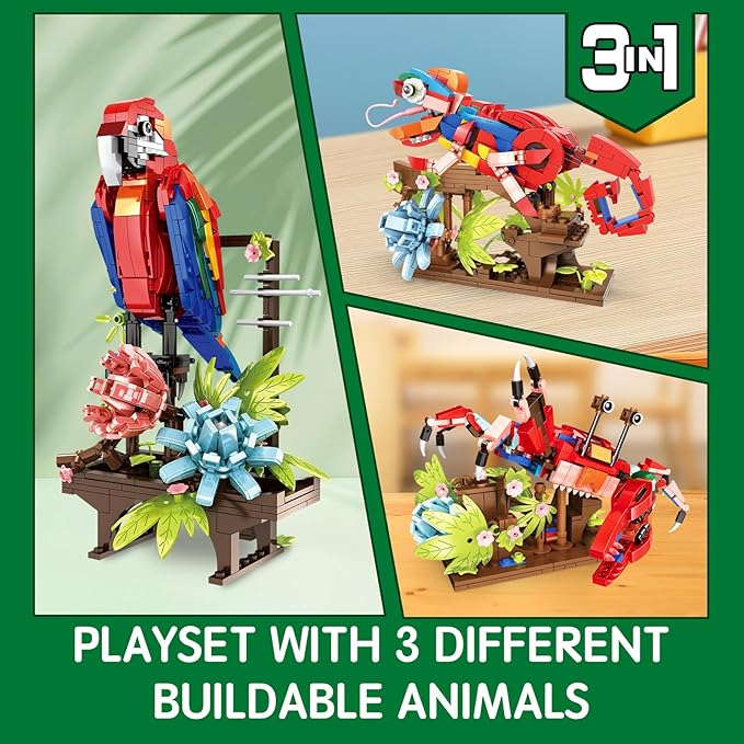 Animal Flowers Building Set for Kids 6+, 3 in 1 Transforms to 3 Different Animal Figures - from Colorful Parrot, to Lifelike Chameleon, to Cute Crab- Perfect for Home Decor & Creative Gifts（538 PCS）