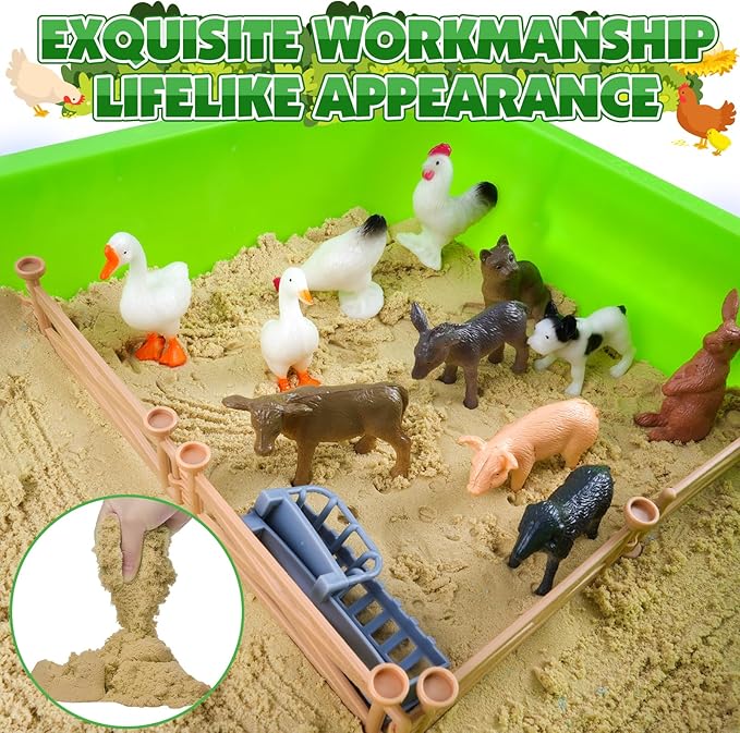 MYDOVA Farm Sensory Bin Sandbox Toys, Play Sand Farm Toys with 2.2lbs Play Sand, Farm Figures and Animals, Vegetables & Tractor Playset, Birthday Gift for Kids 3 4 5 6 7 8+ Years Old Boys Girls