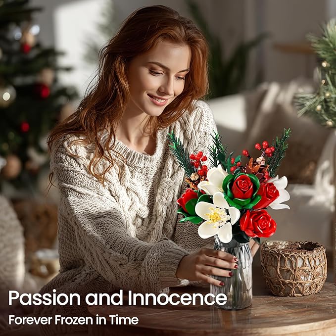 iATOM Christmas Rose Bouquet Building Set, Artificial Flowers Botanical Collection for Adults - Gift for Christmas & Valentines Day - Home Office Table Centerpiece Decor - 11012