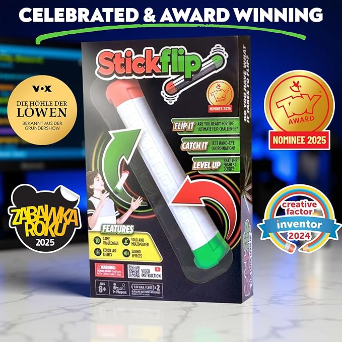Flip, Catch, Level Up! | 10x Auto-Counting Flip & Skill Games | Solo & Multiplayer Electronic Fidget Toy | Stick Flip Challenge for Teen Boys Girls Kids Teens & Adults | Epic & Cool Party Game Ages 8+