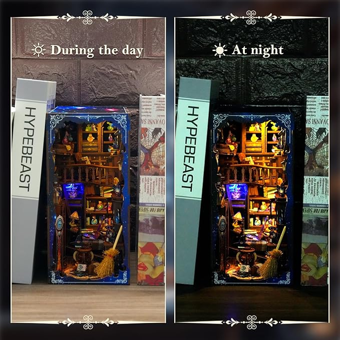 DIY Book Nook Kit Wooden Miniature Magic Potion House Kit 3D Wooden Bookends Miniature House Book Nook Kit for Adults Bookshelf Insert Decor with LED Lights Wood Crafts