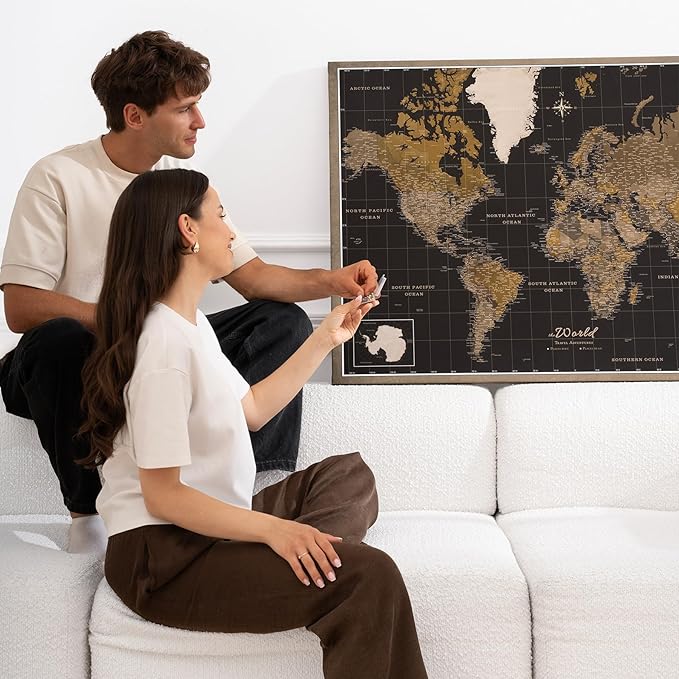 Canvas World Map with Cork Pin Board - English Lettering - Decorative Wall Decoration for All Rooms - Canvas Pictures with World Map Motif (150x100 cm, Pattern 5)