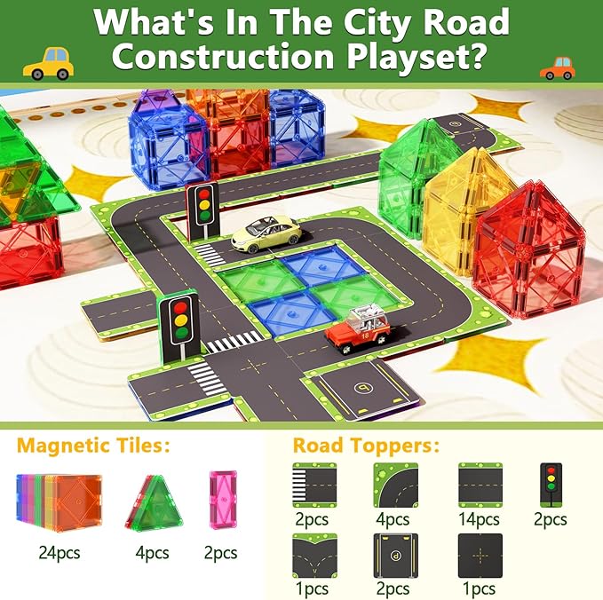Magnetic Tiles Road Toppers Set Kids Toys for 3 Year Old Boys and Girls Playing with Car Toys Preschool Learning Activities Gift for 3 4 5 6 Year Old Toddlers Kids