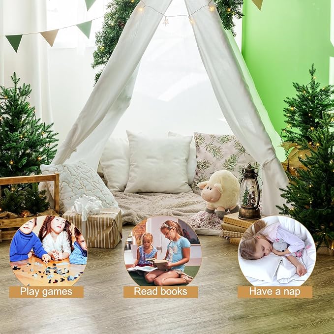 6 Packs Teepee Tent for Kids with 10ft String Lights, Indoor Play Teepee Tent for Girls & Boys, Foldable Tents for Birthday Party Boho Sleepovers Party Pajama Party (White)