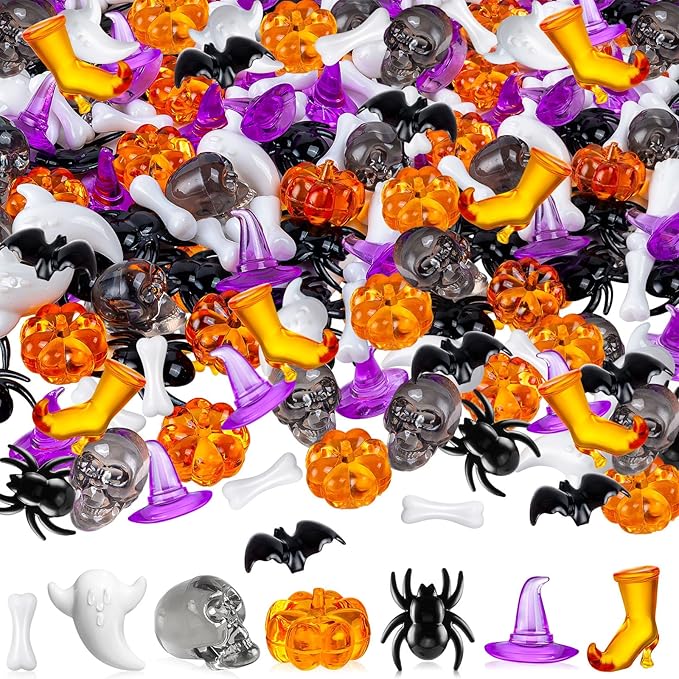 120 Pcs Halloween Vase Filler, Mini Acrylic Witch Hats Pumpkin Ghost Skull Bat Spider for Centerpieces Table Decorations
