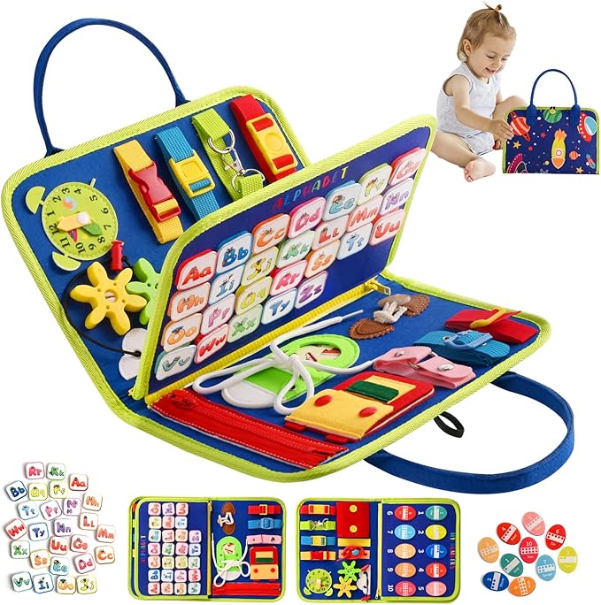TenFans Montessori Busy Board | 3-5 Year Old Toddler Learning Toy | Fine Motor Skills Development | Montessori Sensory Playset | Early Childhood Education Tool | Portable Travel Preschool Activity Kit
