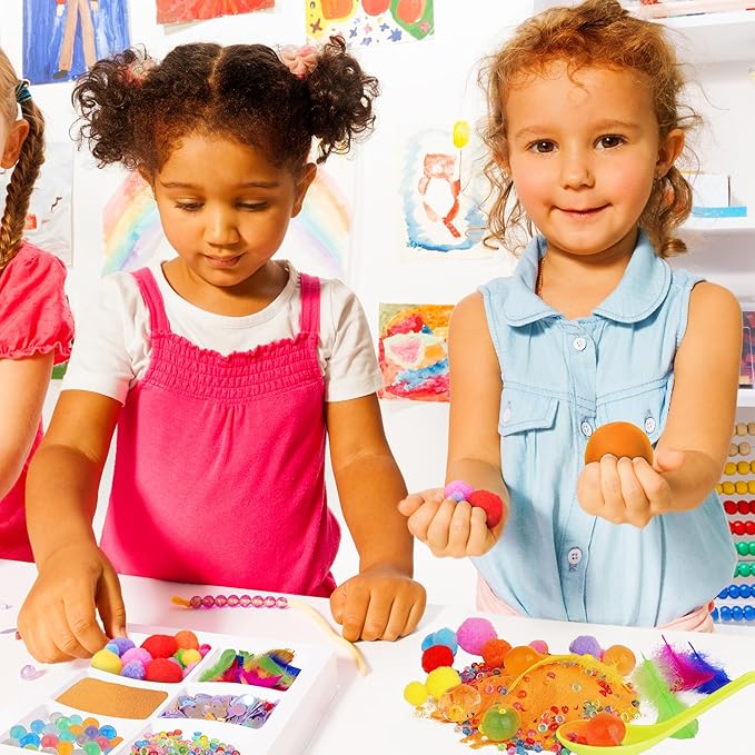 Sensory Kit for Toddlers and Kids - Includes 6 Bins with Lids, Play Tools, Sand, Feathers, Clay, Color Beads and Pom Poms Kids Box Fillers (2 Pack)