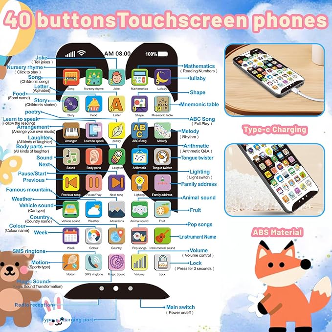 Kids Phone with 10,000+ Educational Content, Rechargeable Toddler Learning Phone with Music & Sounds, Pretend Play Cell Phone for Boys & Girls Ages, Best Gift for Toddler Toys
