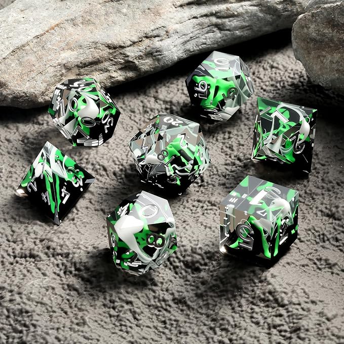 DNDND Emerald Volcanic Sharp Edge Dice Set - 7PCs Green Lava Flow Polyhedral Dice for D&D, RPG Metal Case Gift with Clear Numbers