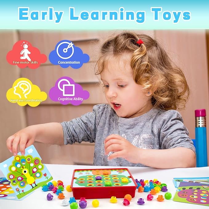 Button Art Toys for Toddlers, Color Matching Mosaic Pegboard for Age 3-5,Early Preschool Learning Activity Button Crafts Educational Toys, Fine Motor Skills Game, Gifts for Boys & Girls 3+